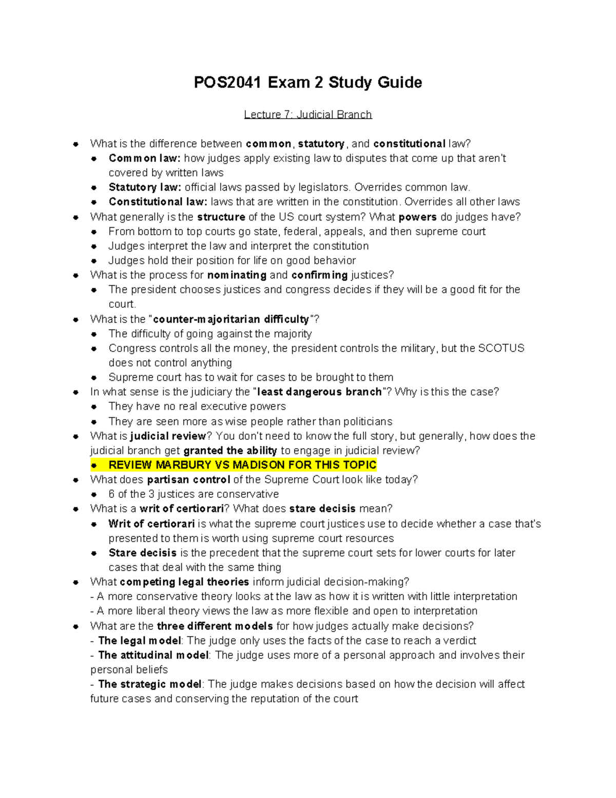 POS2041 Study Guide: Exam 2 Overview of Judicial Branch & Bureaucracy ...