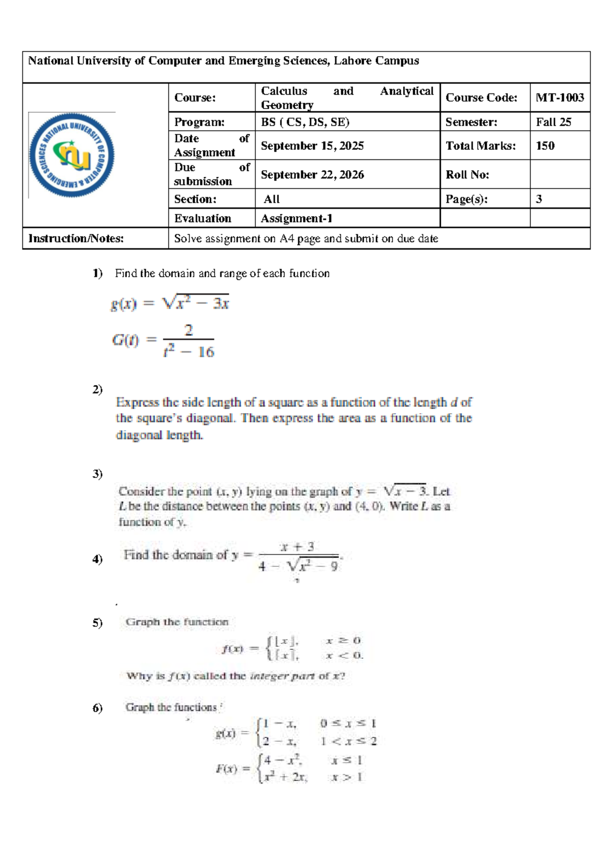 Assignment-1 MT-1003: Calculus & Geometry - Fall 2025 - Studocu