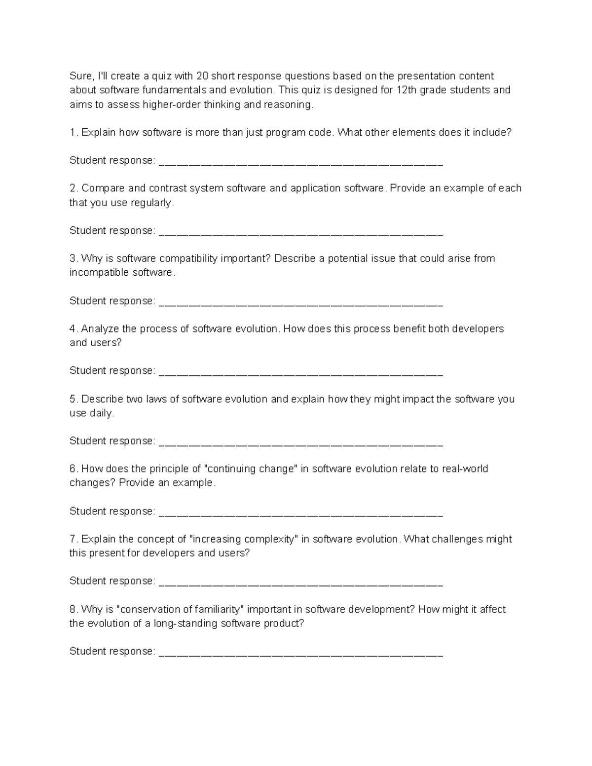 Quiz on Software Fundamentals and Evolution for 12th Grade (TECH101 ...
