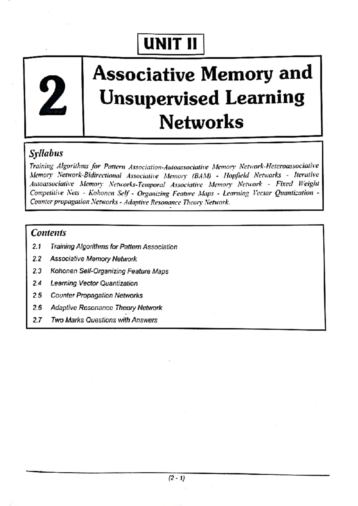 NN & DL UNIT 2 - Associative Memory & Unsupervised Learning Notes - Studocu