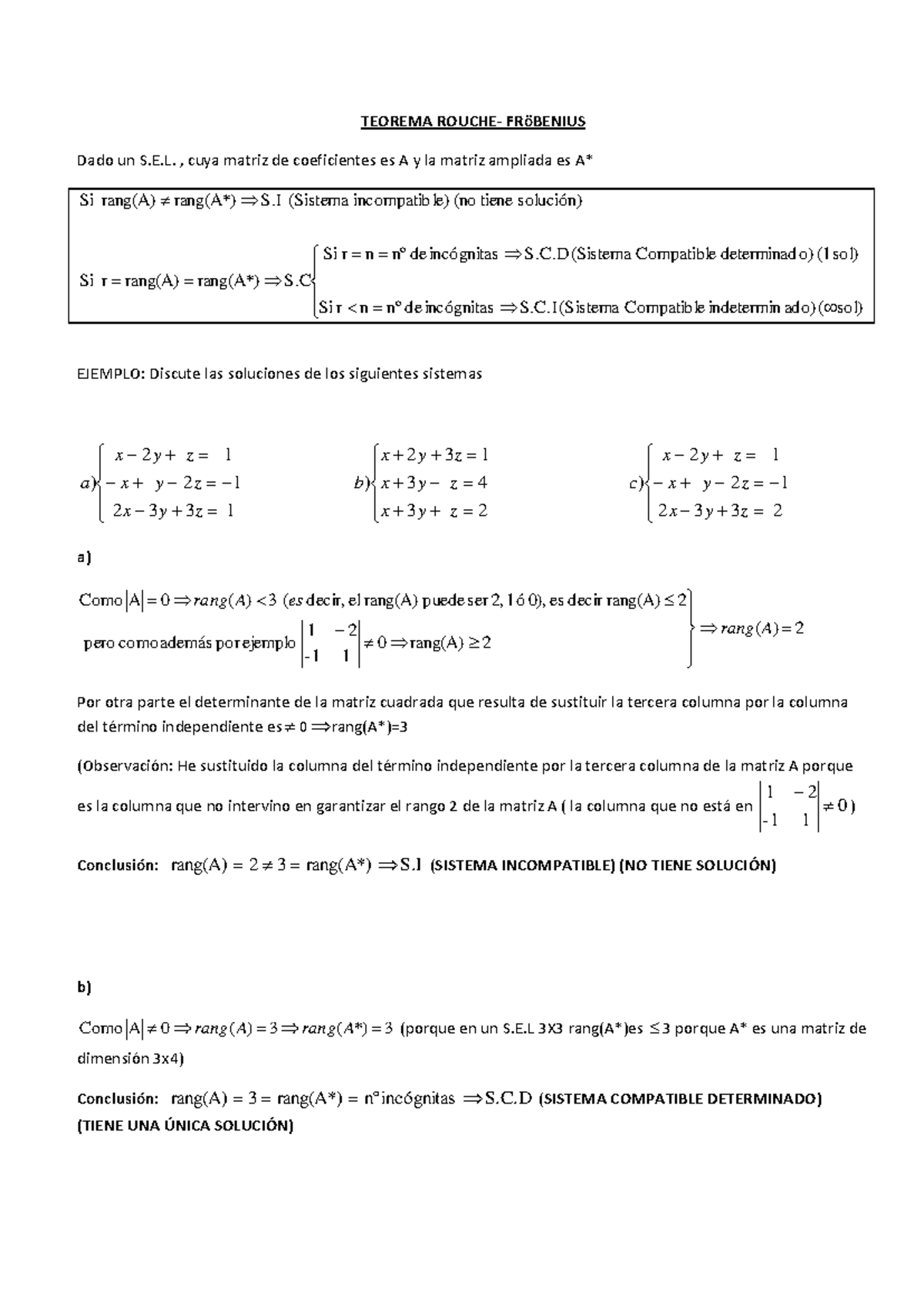Teorema de Rouché-Frobenius: Sistemas de Ecuaciones Lineales - Studocu