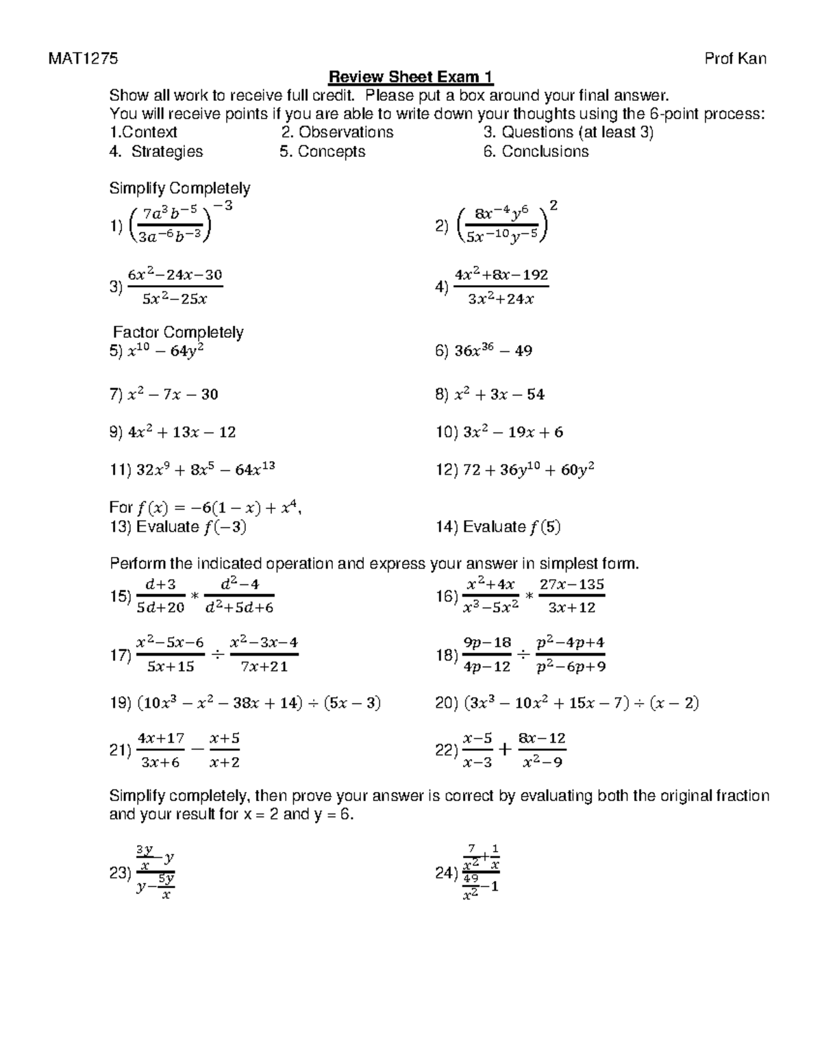 MAT1275 Exam 1 Review Sheet - Prof Kan - Studocu