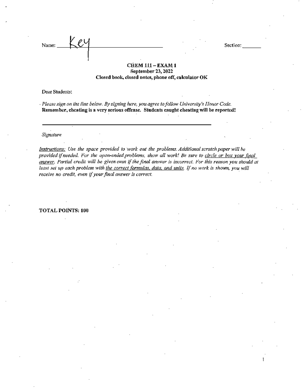 CHEM111 Exam1 Answer Key F22 AB - Name: key Section: CHEM EXAM 1 ...