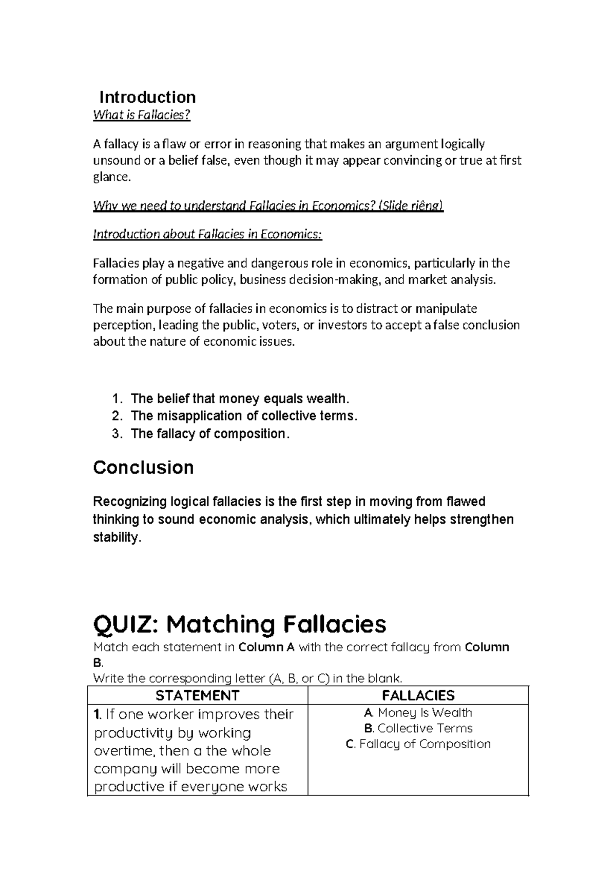 ECO 101: Understanding Fallacies in Economics - Intro & Quiz - Studocu