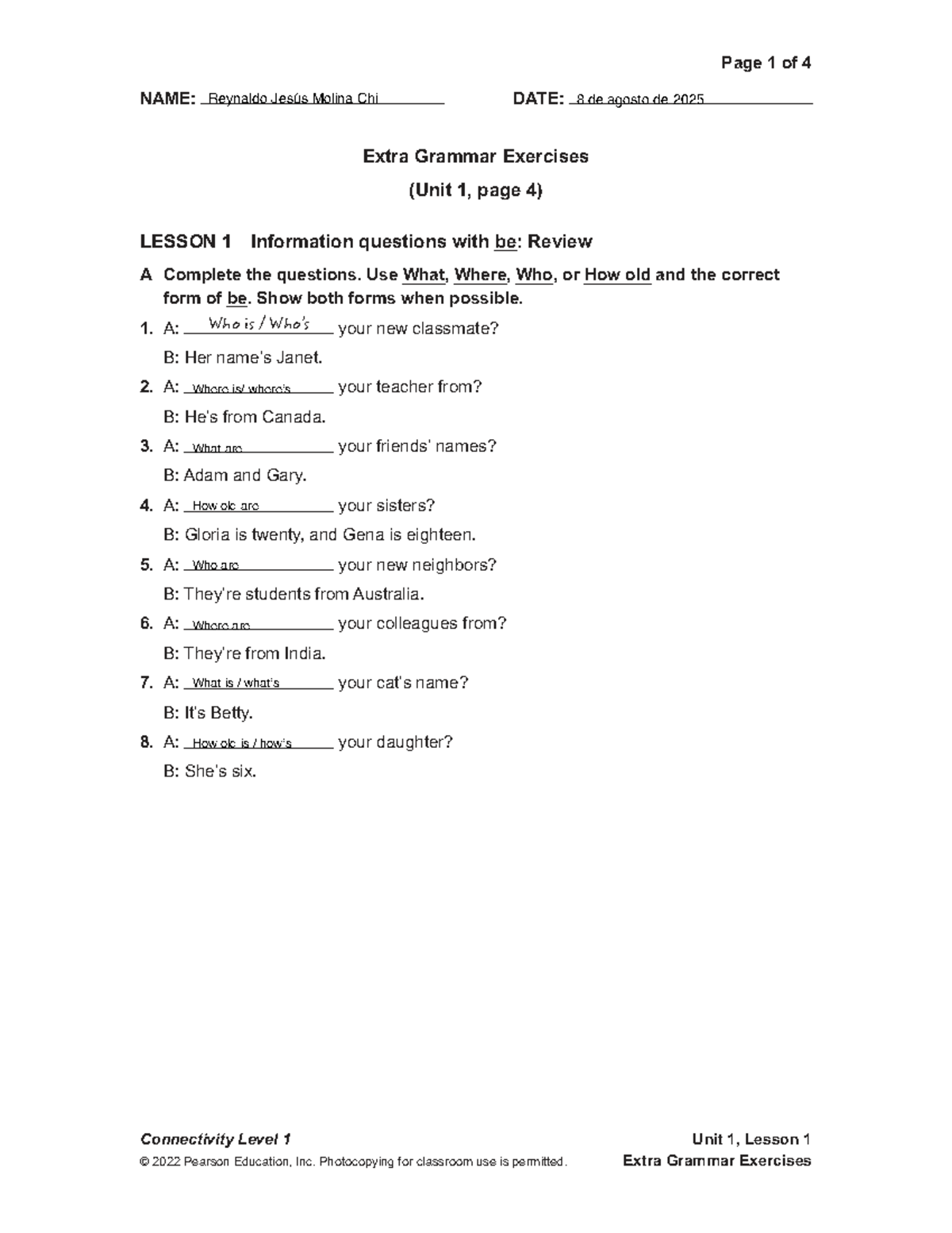CTY1 Extra Grammar Exercises: Unit 1 Lesson 1 Review - Studocu