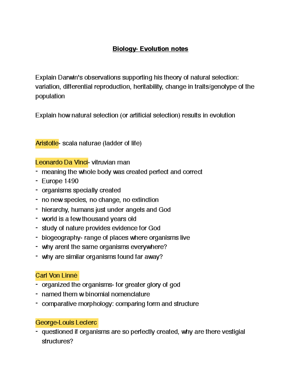 Biology- evolution notes - Biology- Evolution notes Explain Darwin's ...