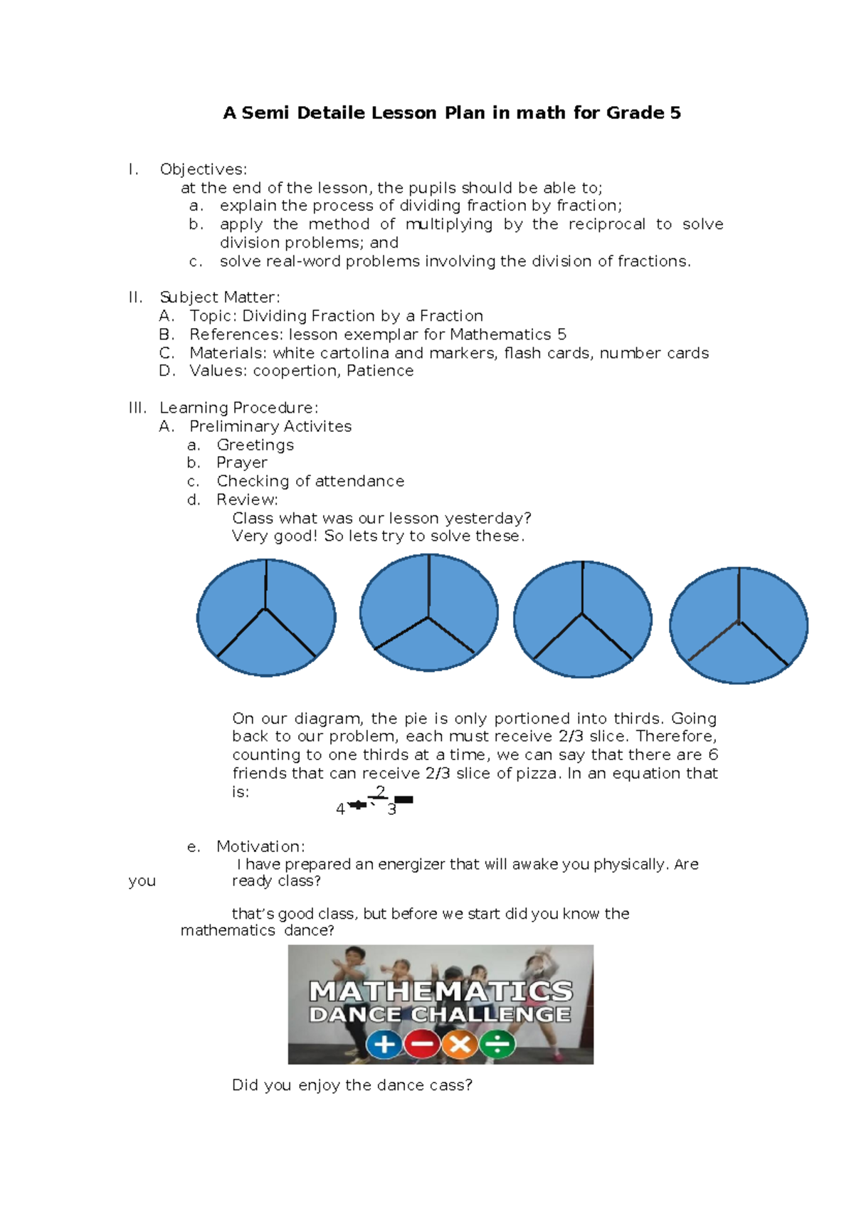 Grade 5 Math Lesson Plan: Dividing Fractions and Objectives - Studocu