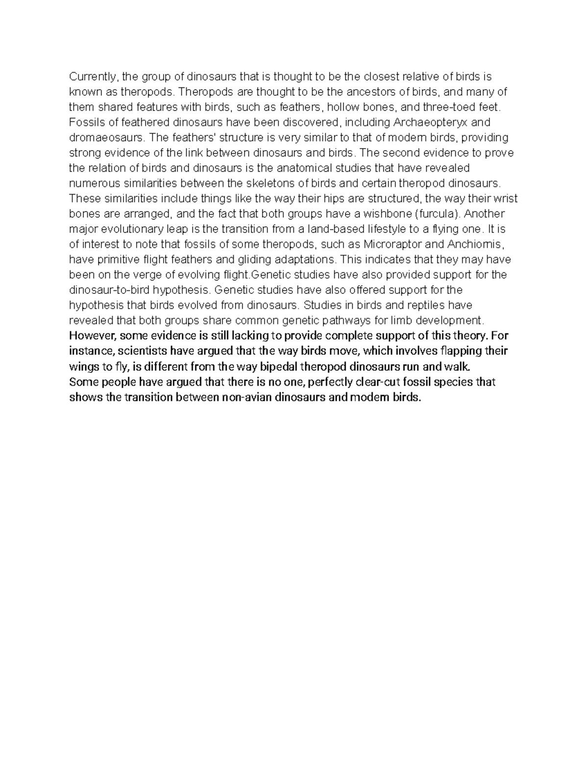 Bird Essay - Currently, the group of dinosaurs that is thought to be ...