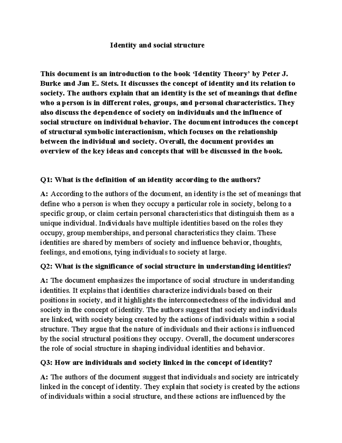 Identity Theory: Overview of Identity & Social Structure Concepts - Studocu