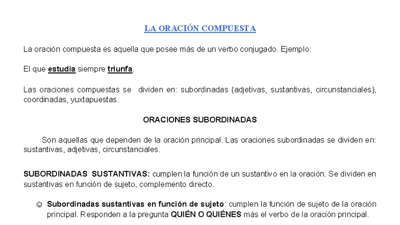 LA ORACIÓN COMPUESTA: Tipos y Ejemplos de Estructuras - Studocu