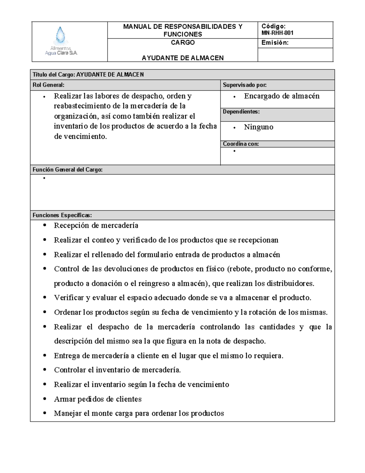 Manual de Funciones AYUDANTE DE ALMACEN 2026 - Studocu