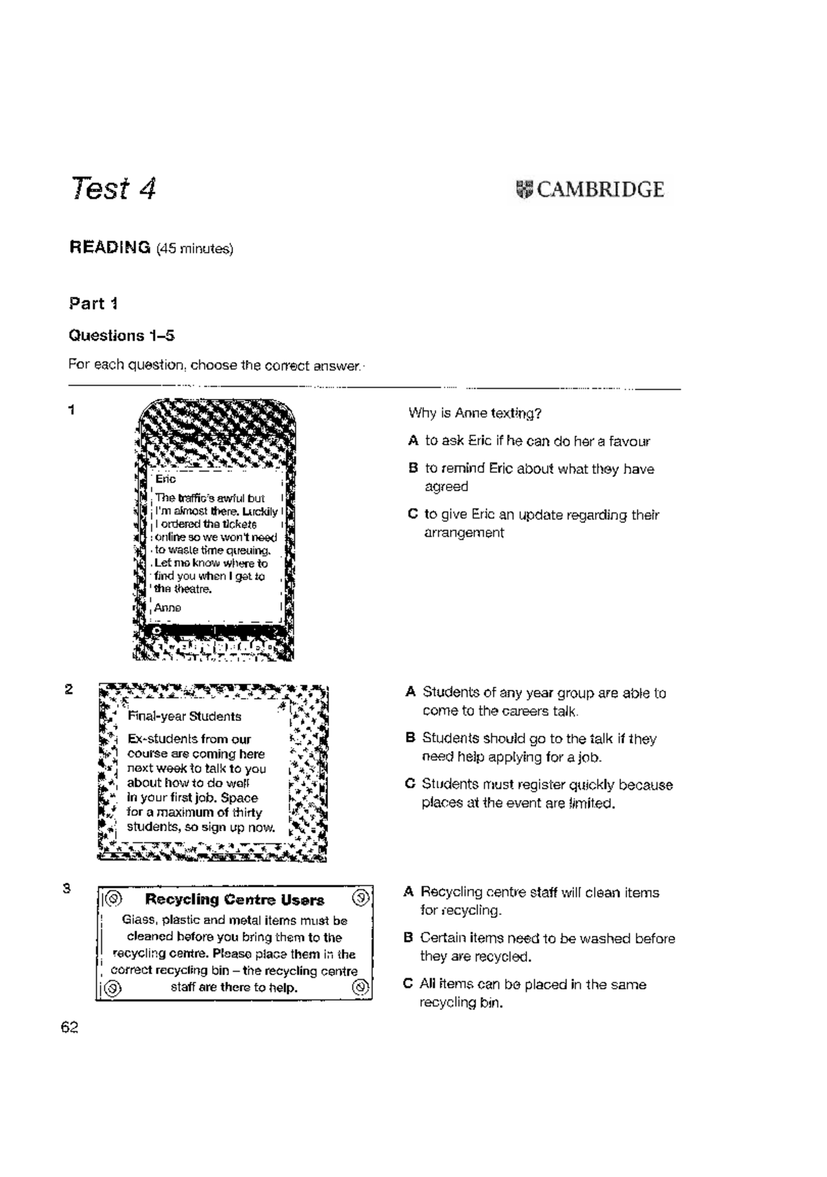 Test 4 Cambridge Reading B1 Questions and Answers - Studocu