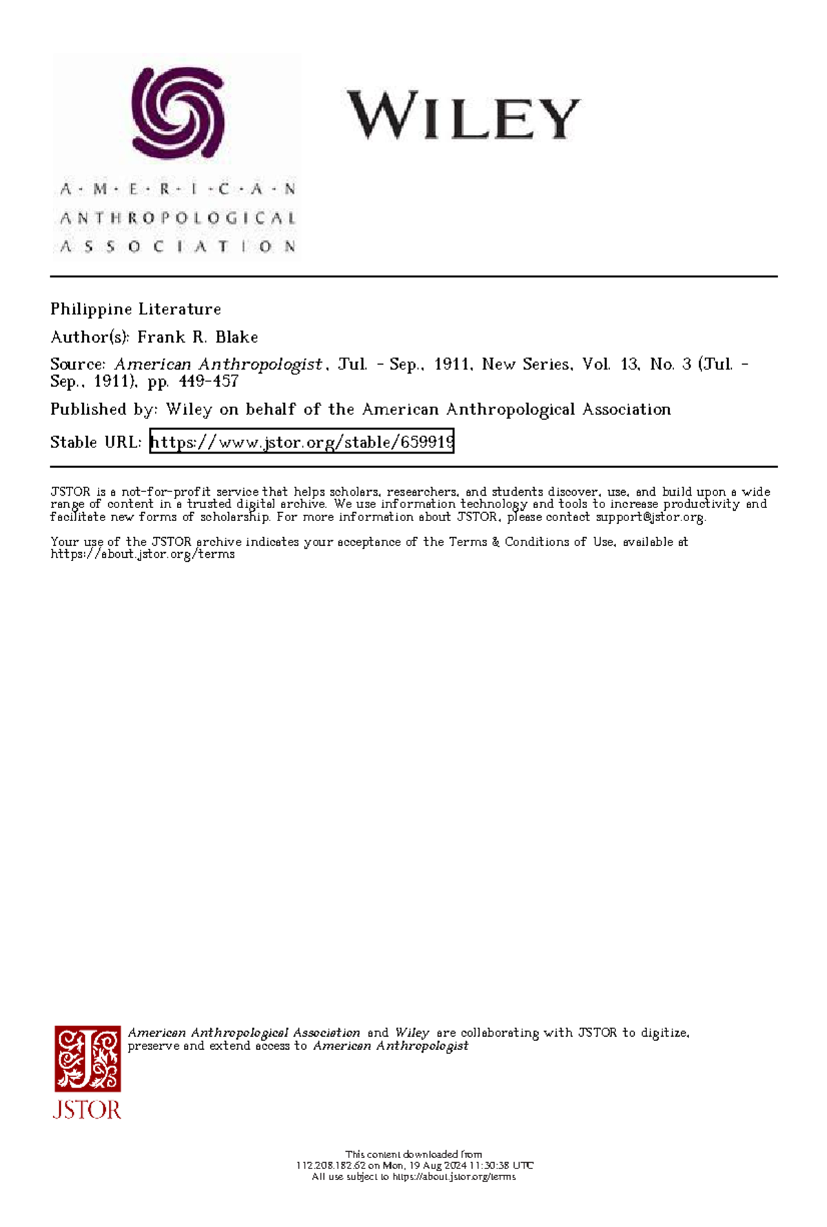 Philippine Literature Analysis - Frank R. Blake (1911) - Studocu