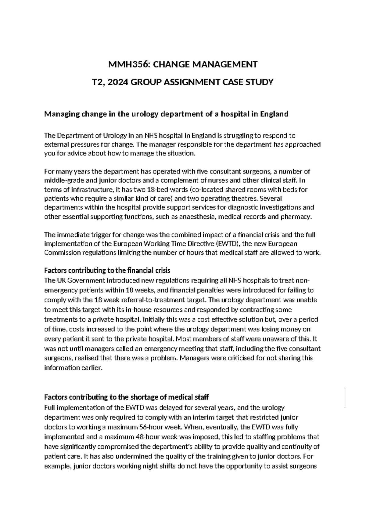 MMH356 T2 2024 Change Management Group Assignment Case Study - Studocu