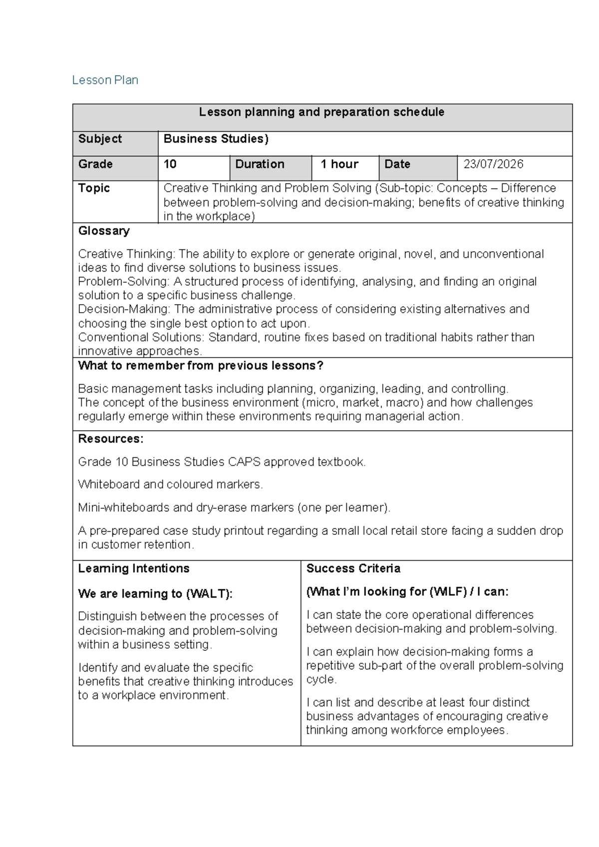 Grade 10 Business Studies Lesson Plan: Creative Thinking & Problem ...