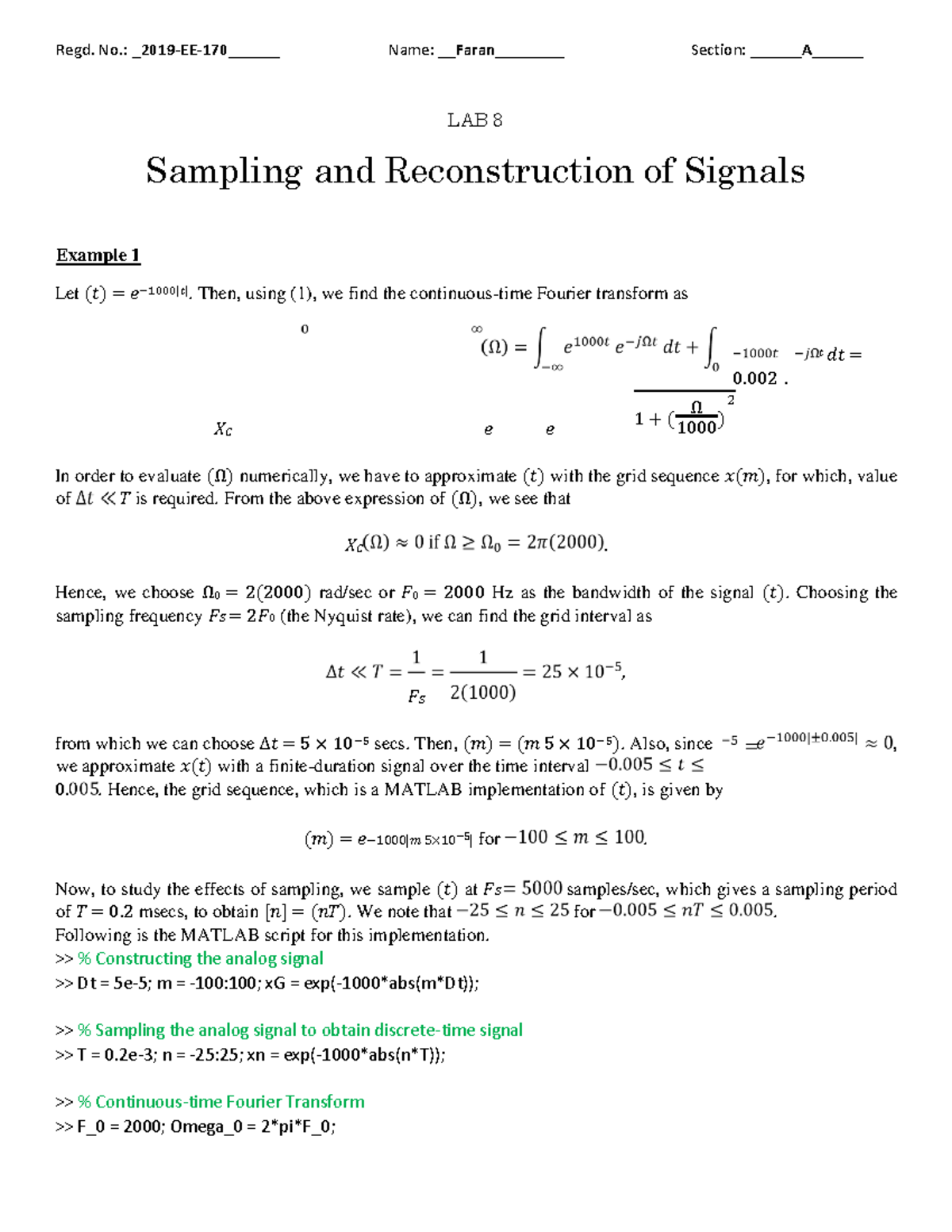 LAB 8 - Sampling and Reconstruction of Signals - Regd. No.: 2019-EE-170 ...