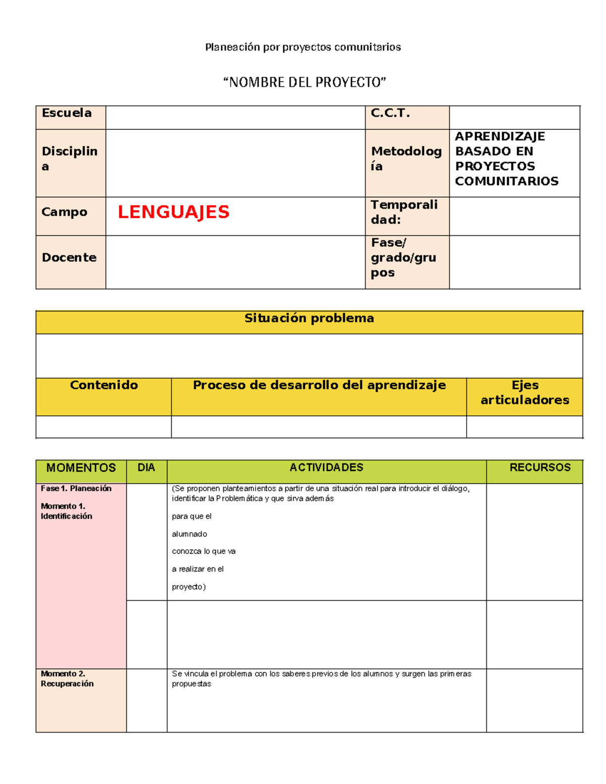 Planeación de Proyectos Comunitarios - C.C.T. Metodología APRENDIZAJE ...
