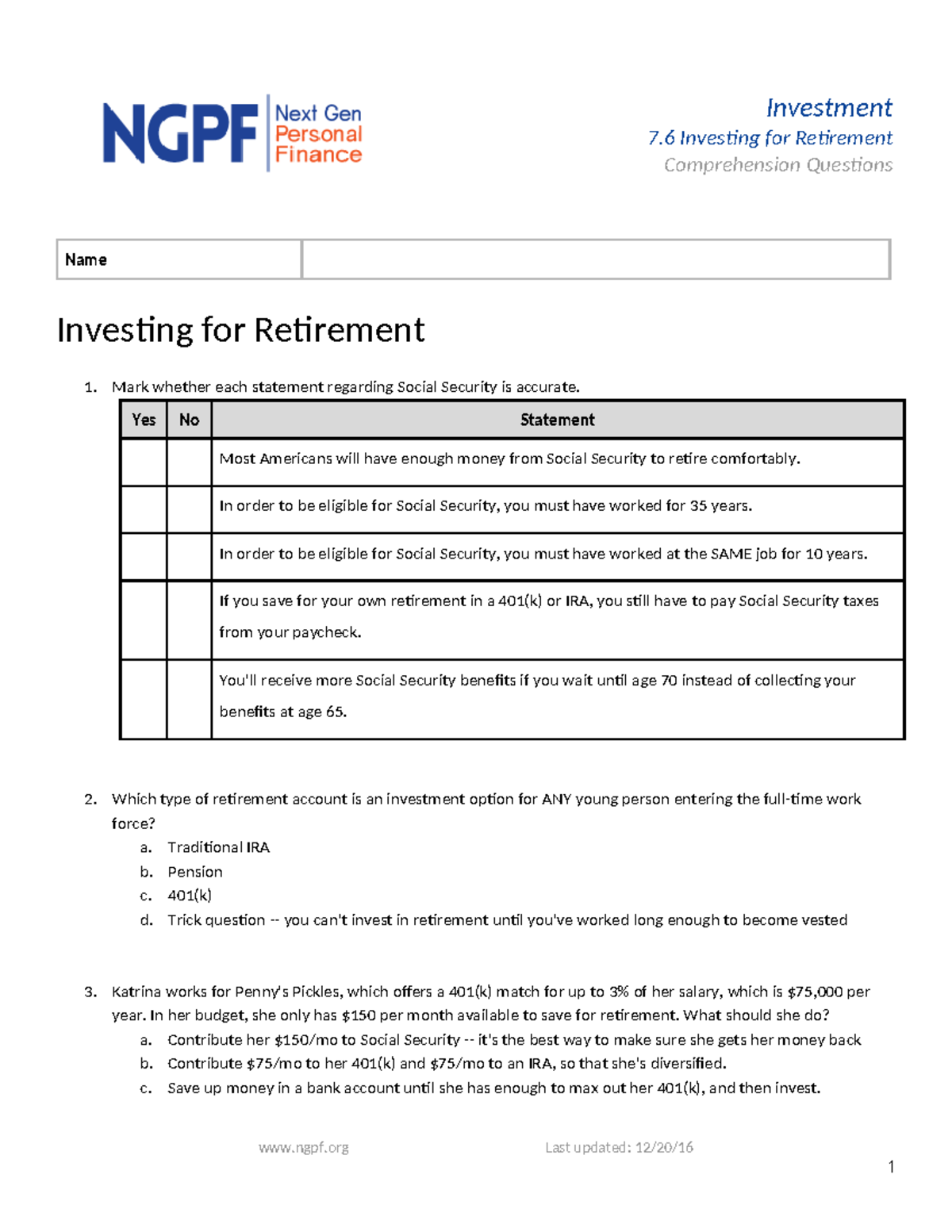 Investment 7.6: Retirement Comprehension Questions & Answers - Studocu