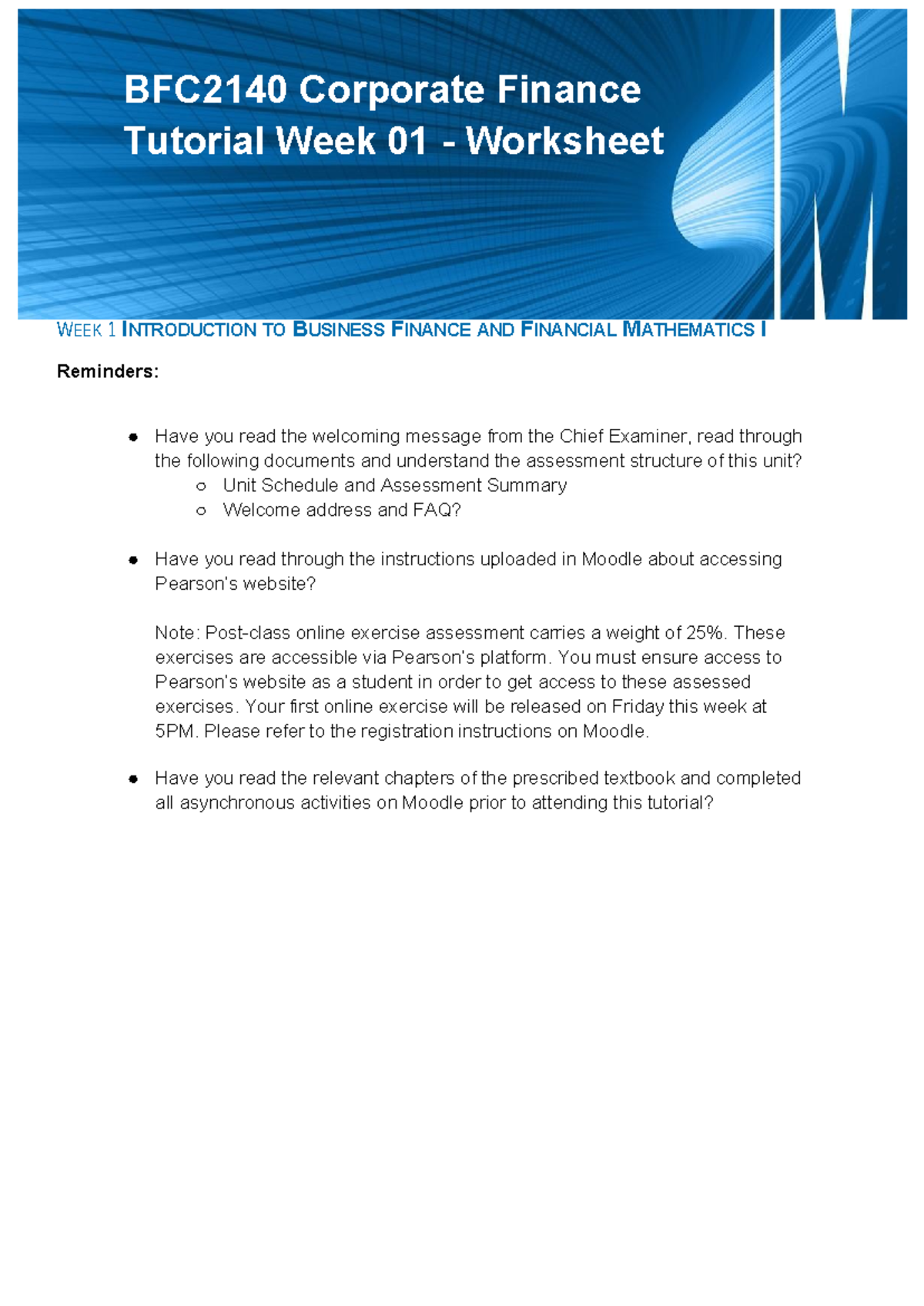 BFC2140 Week 1 Corporate Finance Tutorial Worksheet - Studocu