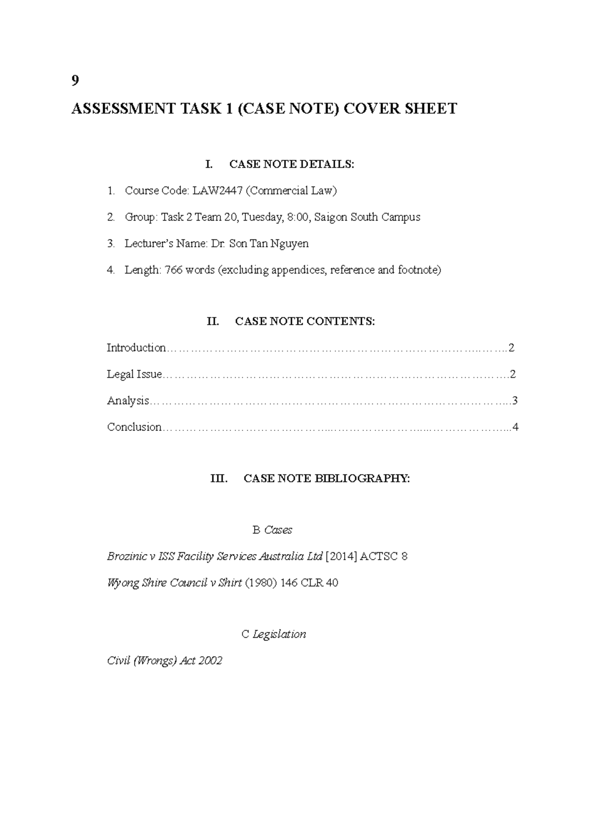 Assesment TASK 1 (CASE NOTE) - 9 ASSESSMENT TASK 1 (CASE NOTE) COVER ...