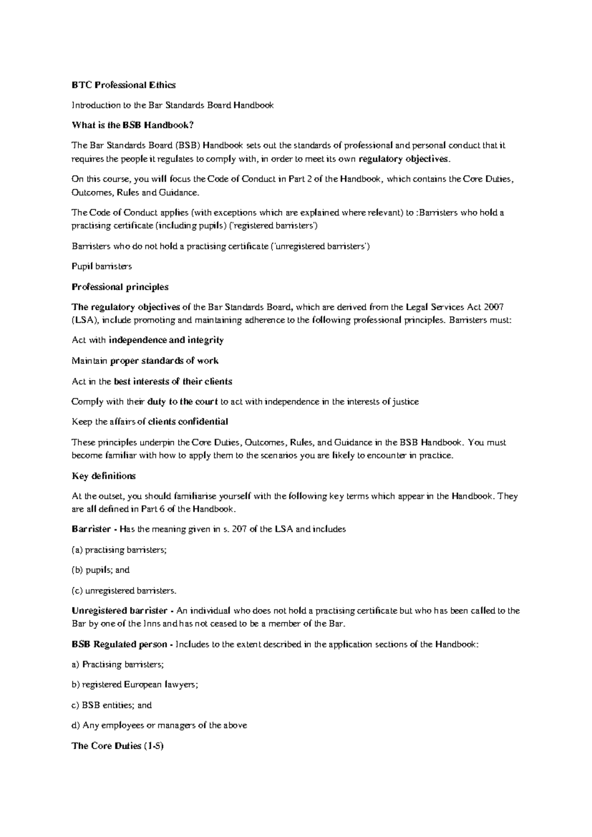 BTC Professional Ethics: Overview of the BSB Handbook and Core Duties ...