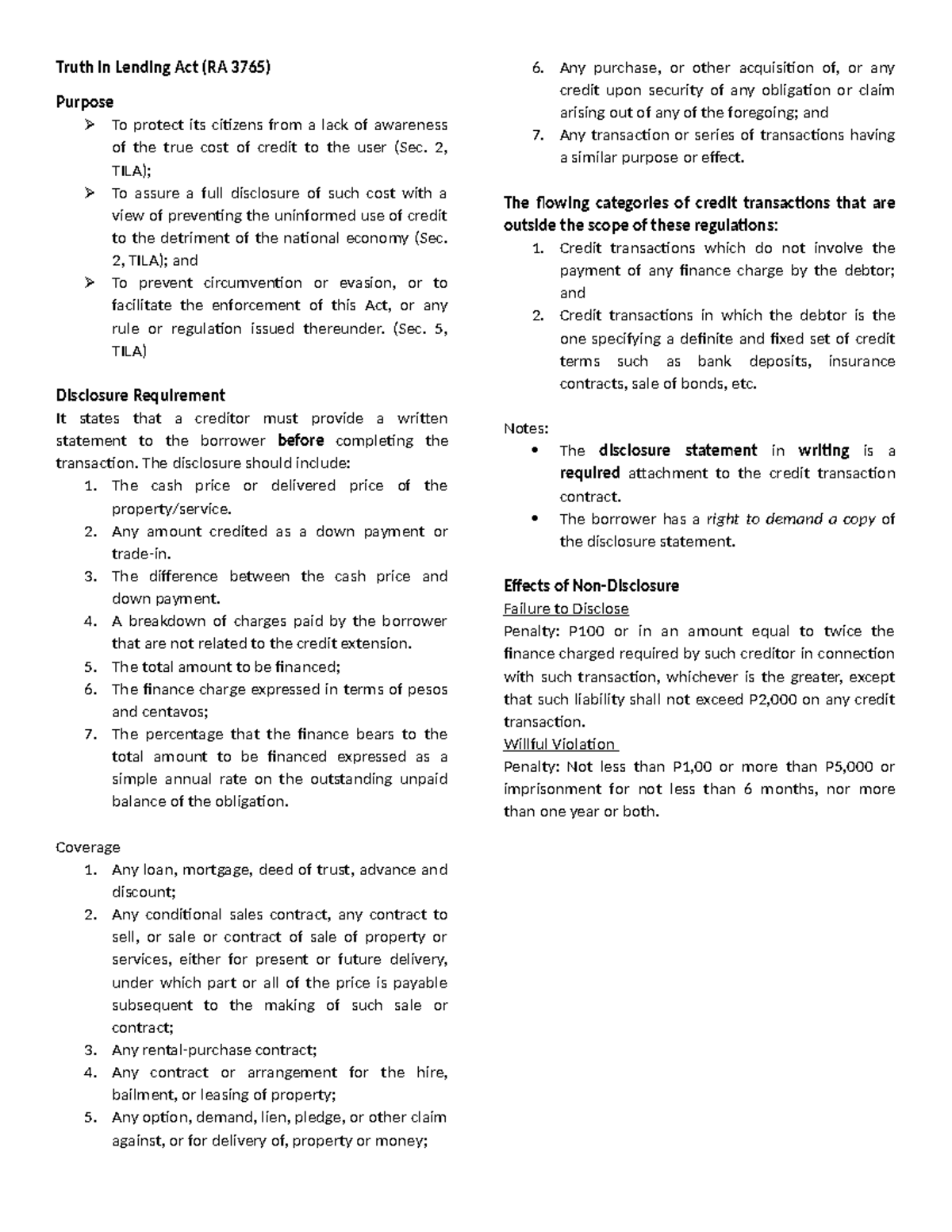 Truth in Lending Act (RA 3765) - TILA Summary Notes - Studocu