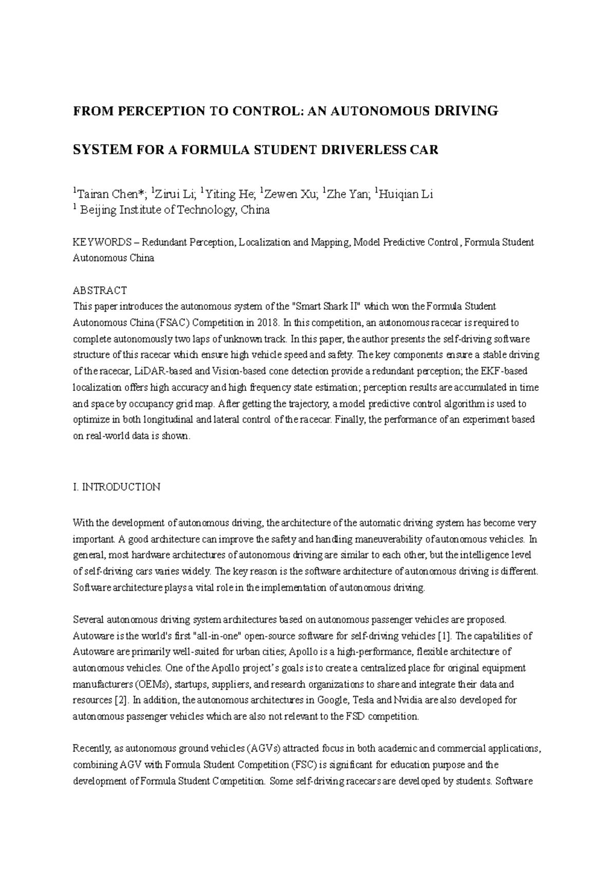 FSAC 2018: Autonomous Driving System for Formula Student Racecar - Studocu