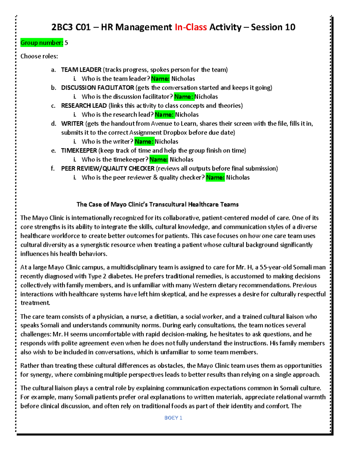 2BC3 C01 HR Management: Mayo Clinic Case Study & Group Activity - Studocu