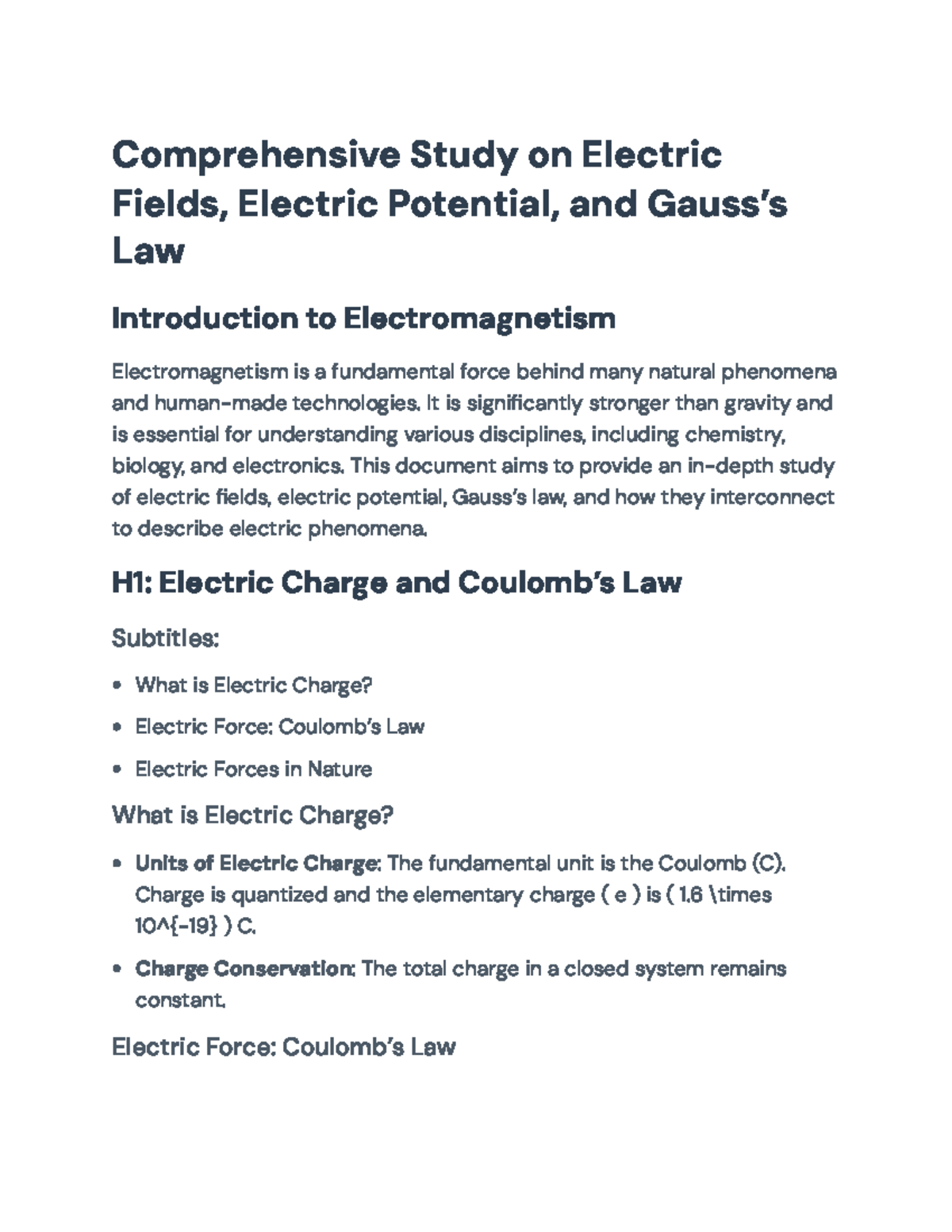 Comprehensive Study of Electric Fields, Potential, and Gauss's Law ...