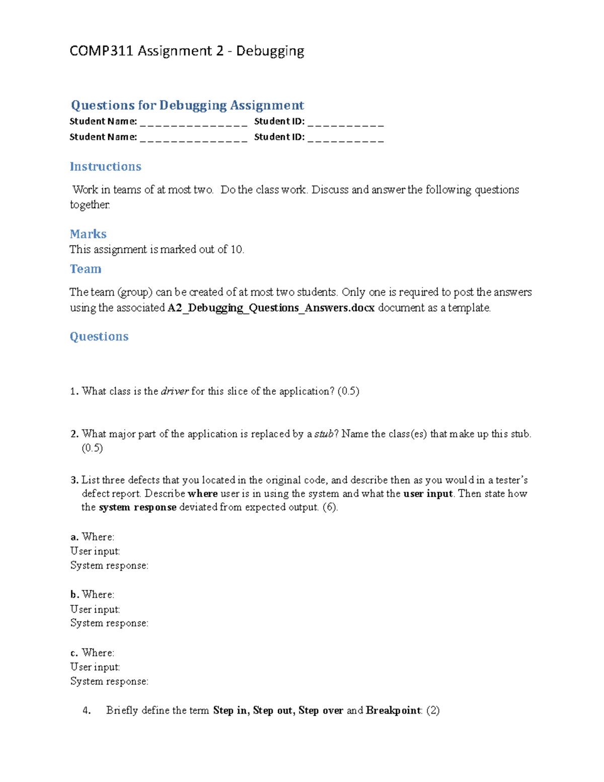 A2-Debugging Questions Answers - COMP311 Assignment 2 - Debugging ...