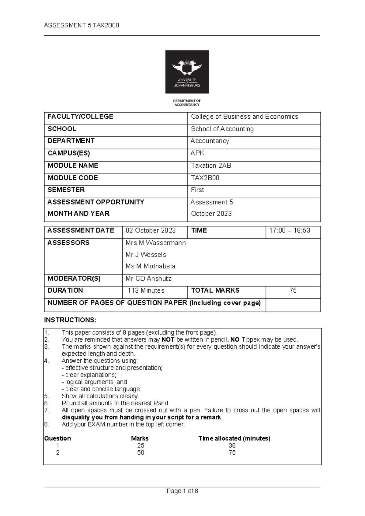 Assessment 5 - 2023 TAX2B00: Tax Implications and Calculations - Studocu