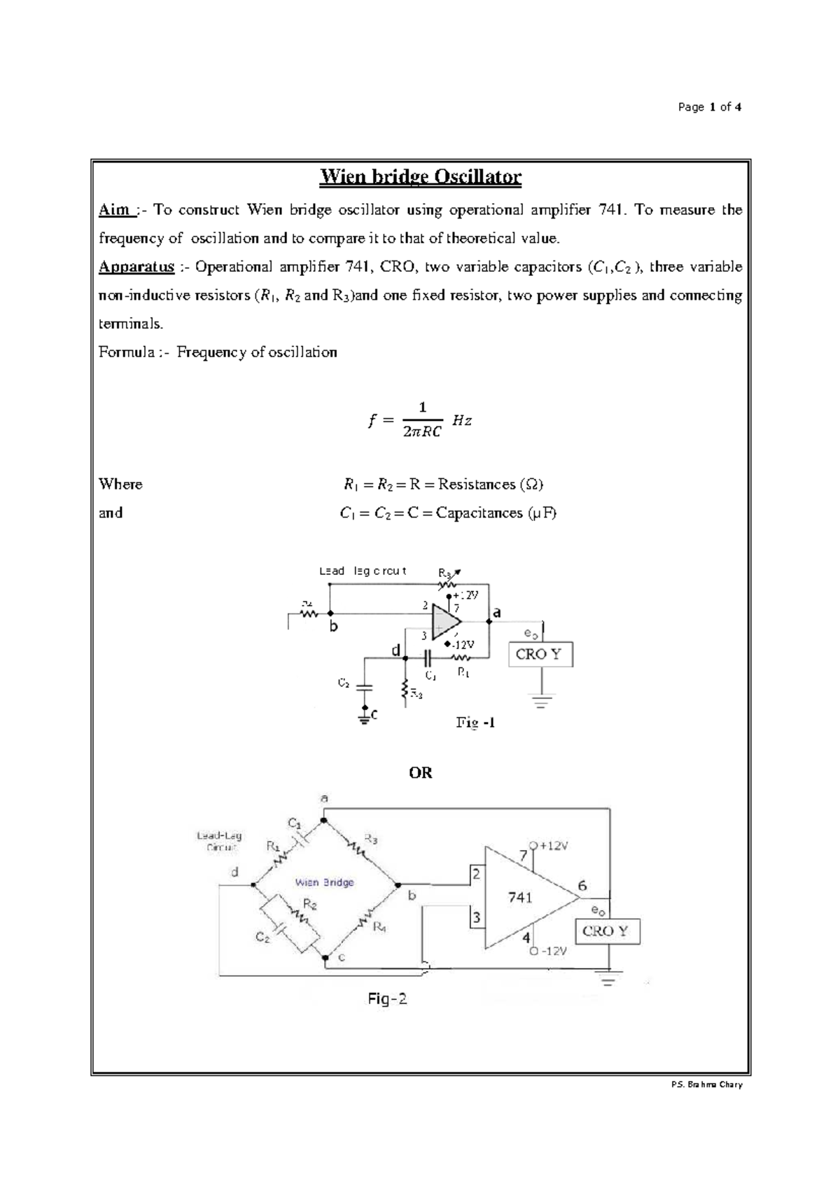 Wien Bridge Oscillator using Op-Amp 741: Experiment & Analysis - Studocu