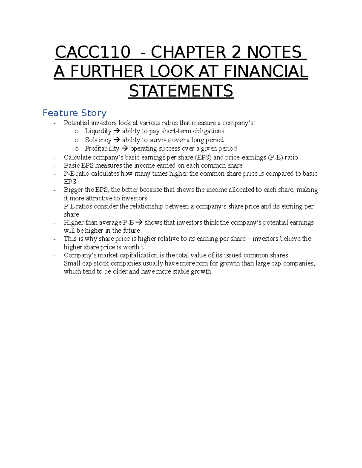 Chapter 2 Notes CACC110 - CACC110 - CHAPTER 2 NOTES A FURTHER LOOK AT ...