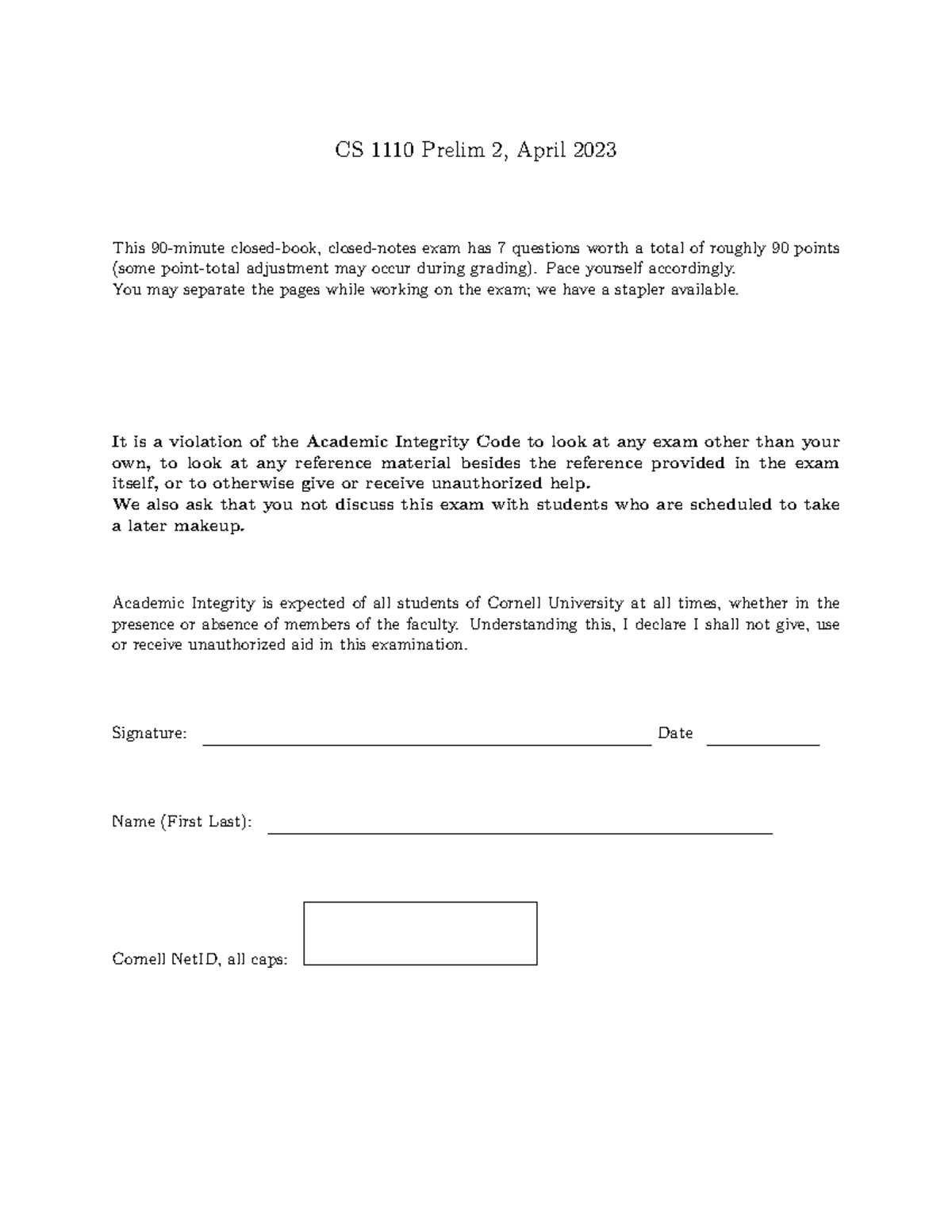 CS Prelim 2 Practice Exam - April 2023 - Studocu