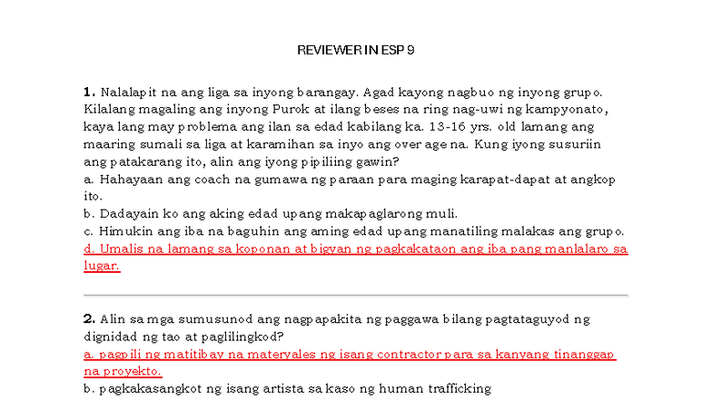 Reviewer in ESP 9: Key Concepts and Practice Questions - Studocu