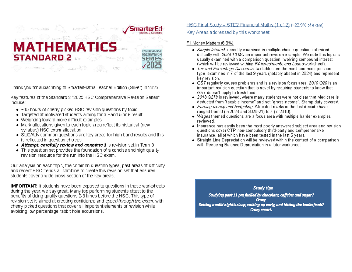 2025 HSC Revision STD2 Financial Maths Final Study Guide - Studocu