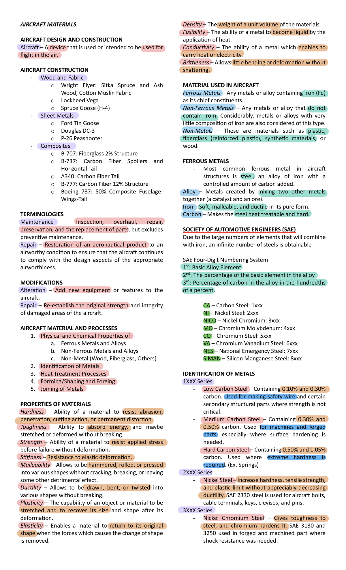 AIR 101 - Notes on Aircraft Materials for Preliminary Exam - Studocu
