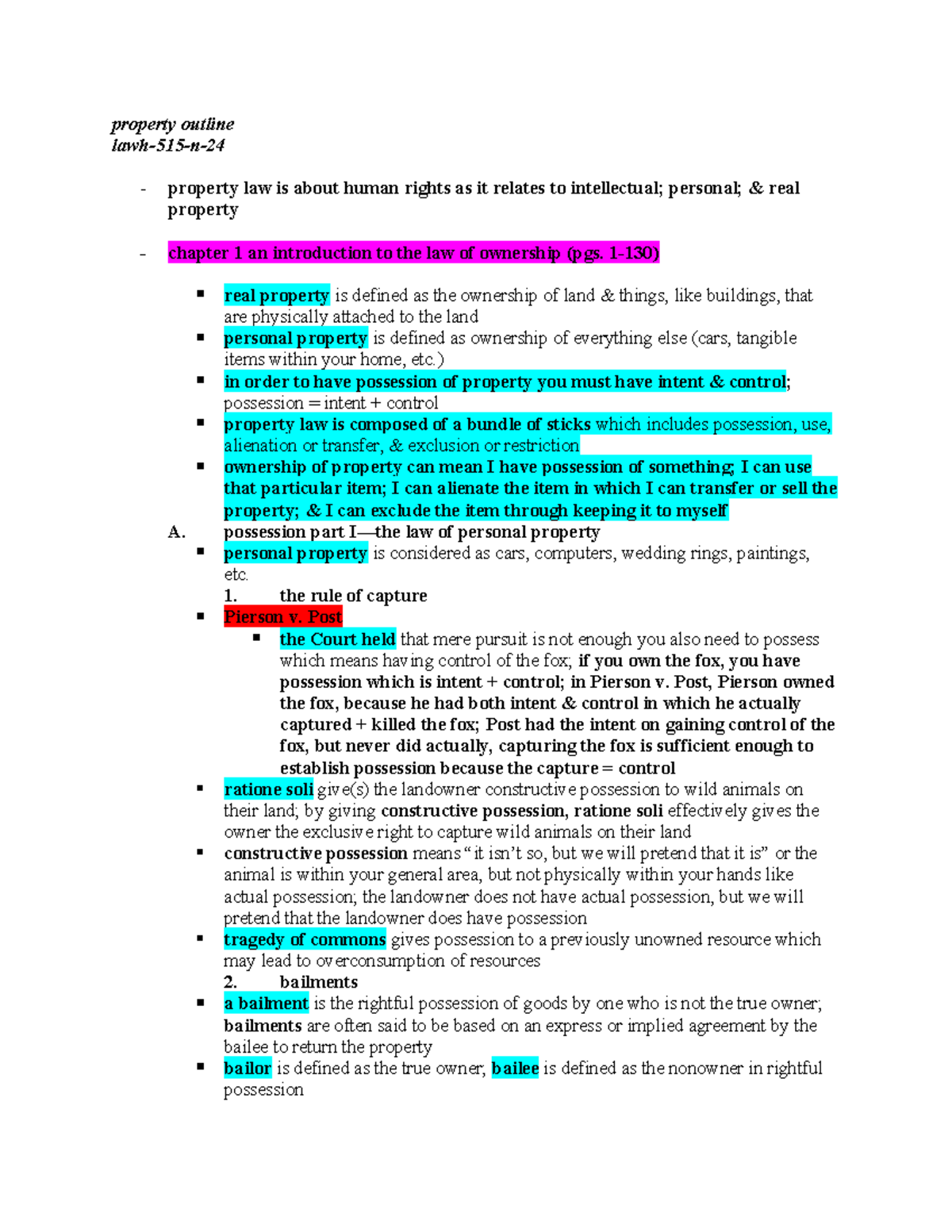 Property Law Outline: Human Rights & Ownership Concepts (Ch. 1-4) - Studocu