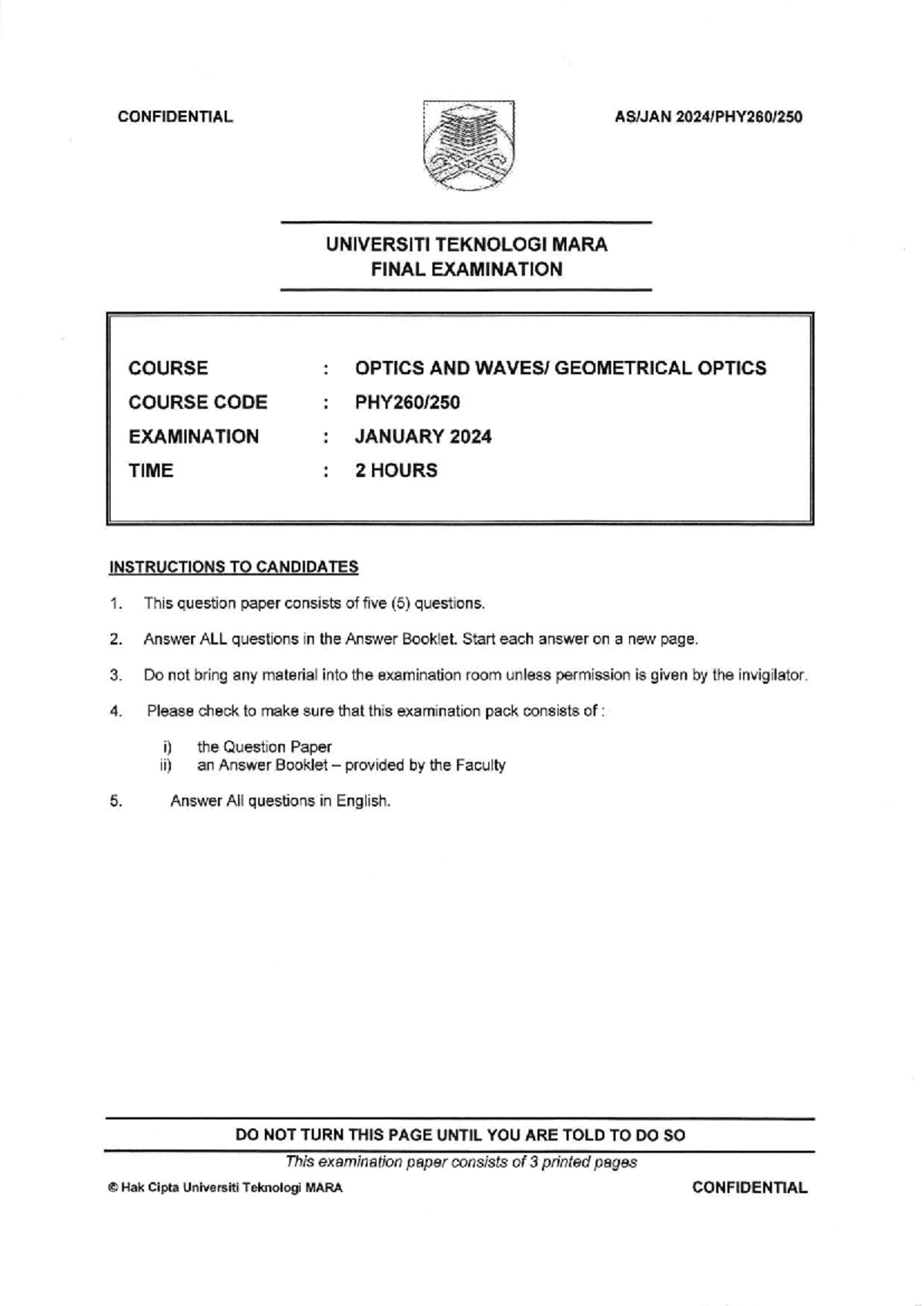 PRA DIPL 240626: Final Exam Paper for Optics & Geometrical Optics - Studocu
