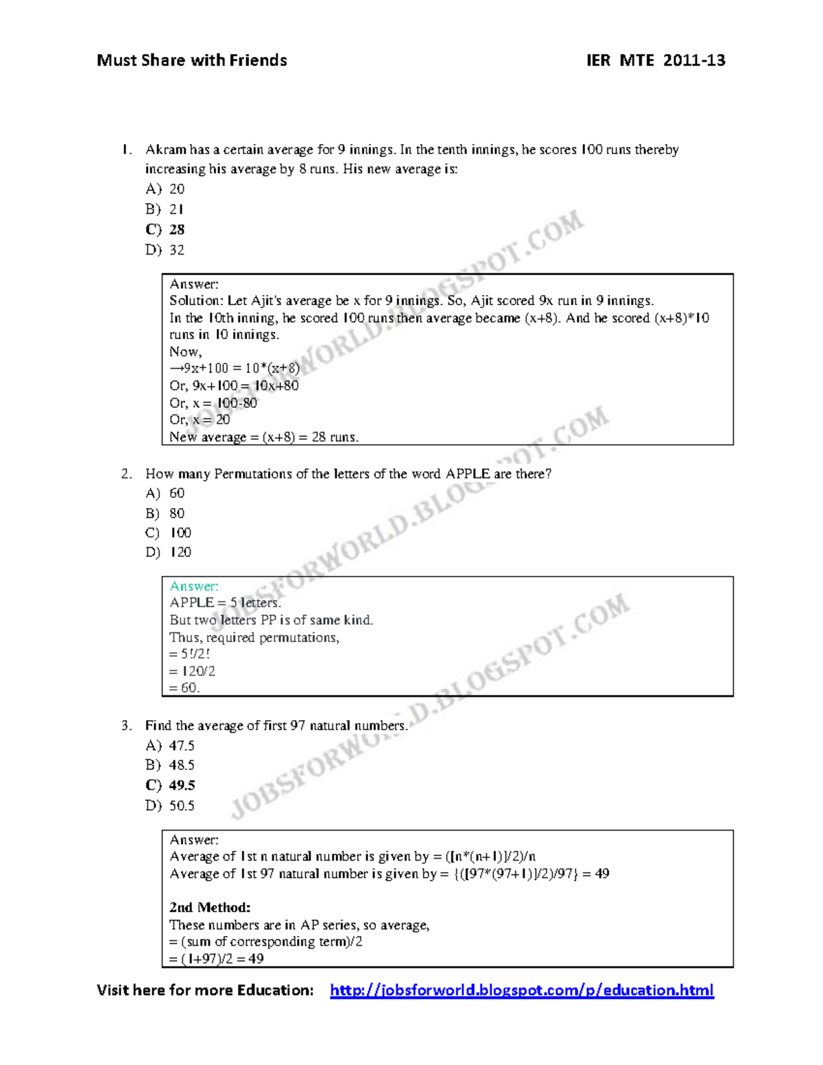 Quantitative Solved Questions IER MTE: Average, Permutations & More ...