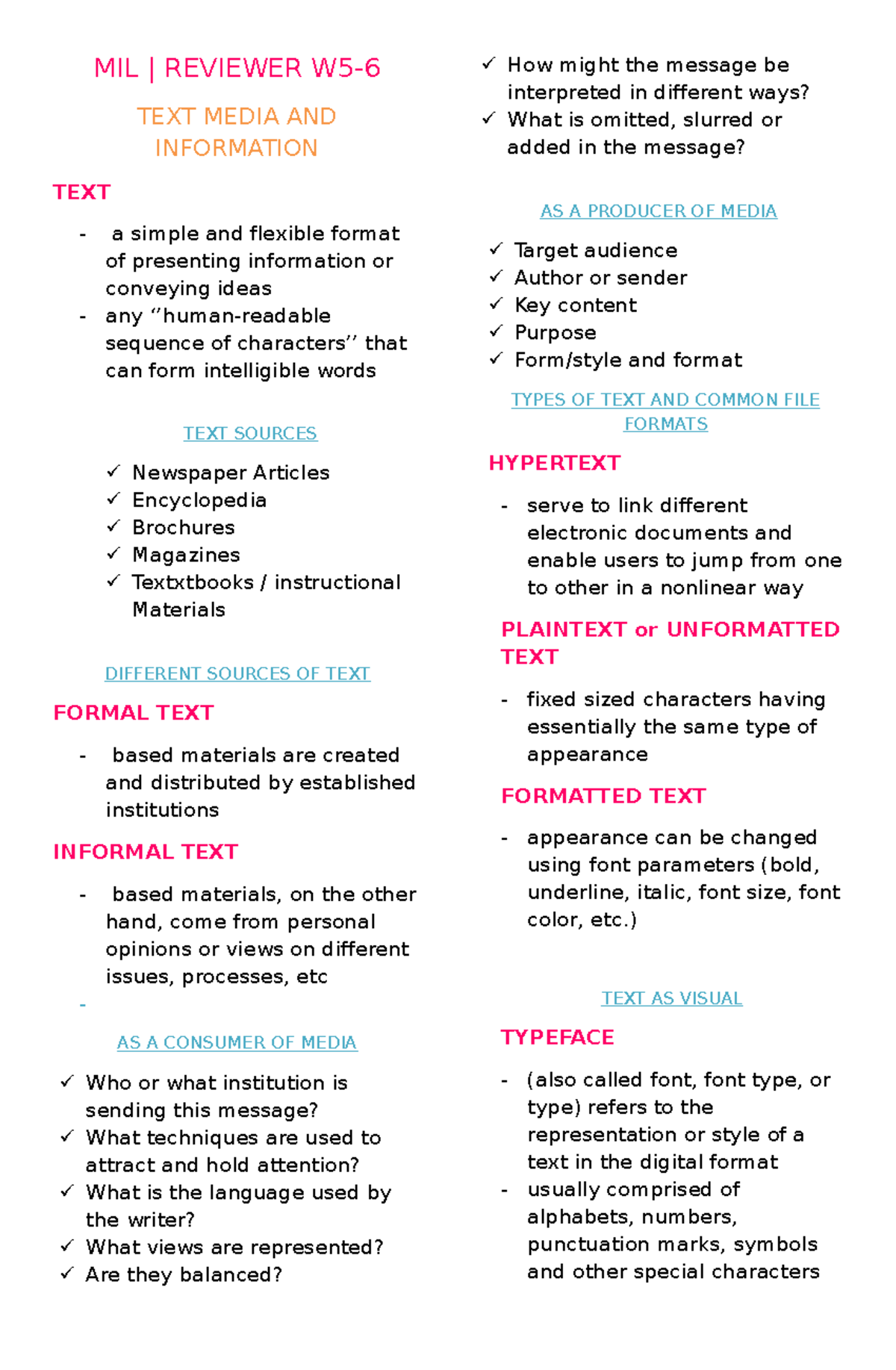 MIL W5-6 Text Media - Comprehensive Notes and Review Guide - Studocu
