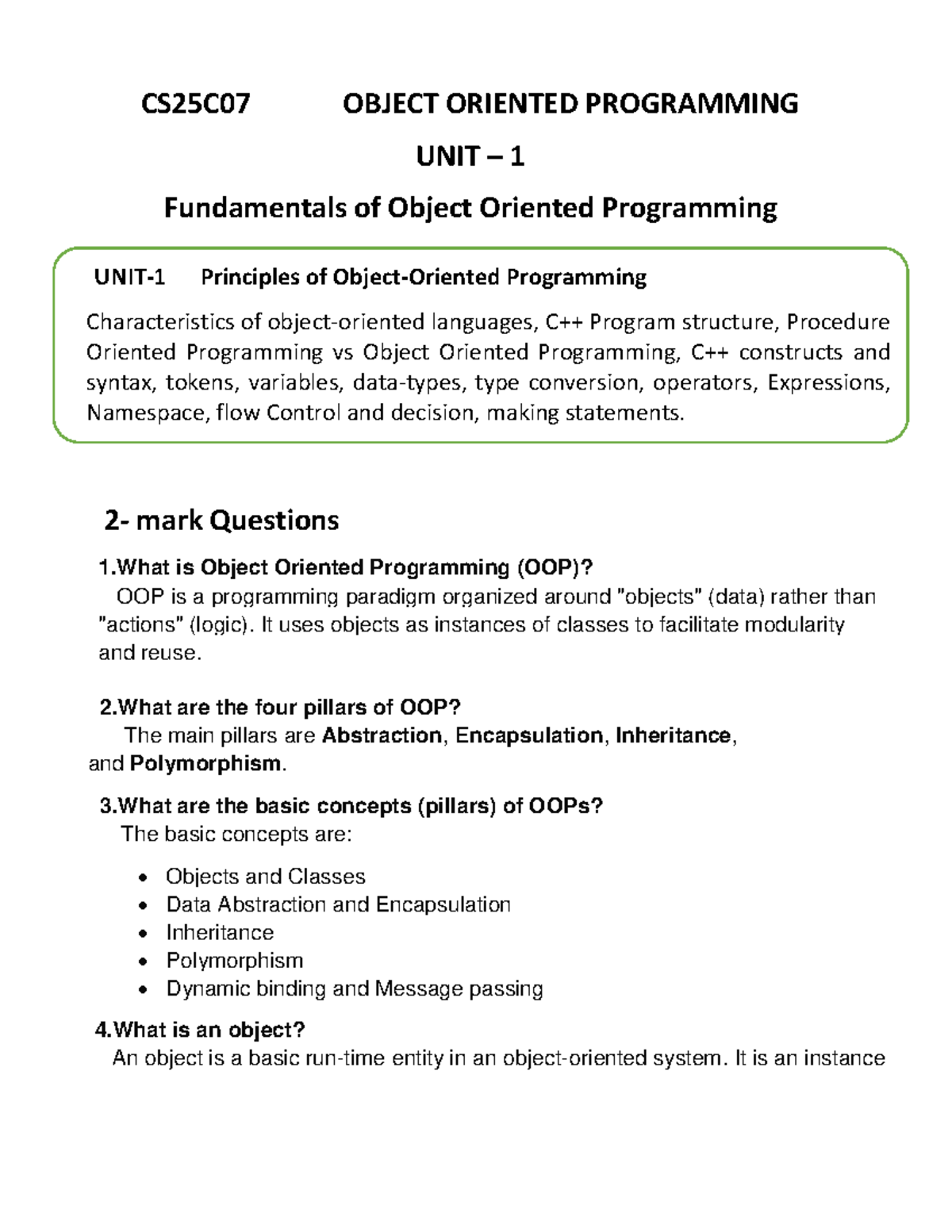 CS25C07 OBJECT ORIENTED PROGRAMMING UNIT 1: Key 2 Mark Questions - Studocu