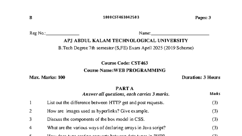 WEB PROGRAMMING CST463 April 2025 Previous Year Question Paper - Studocu