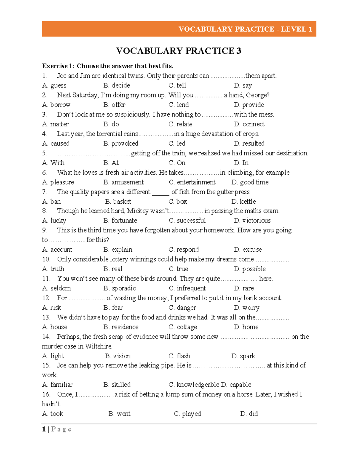 Vocabulary Practice Level 1: Exercise 3 Questions and Answers - Studocu