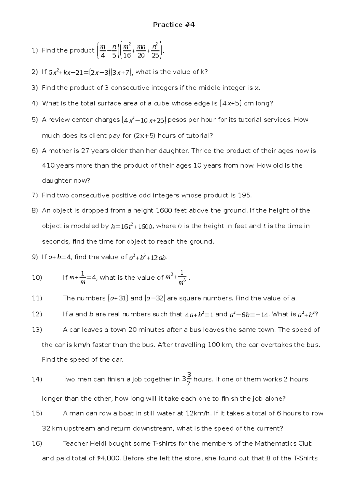 Practice #4 - Math Sample Test Questions and Solutions - Studocu