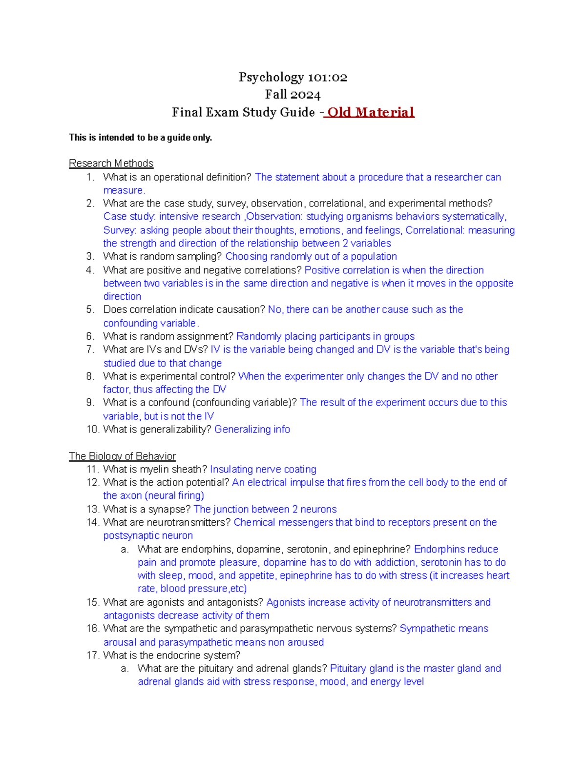 Psychology 101:02 Fall 2024 Final Exam Study Guide - Studocu