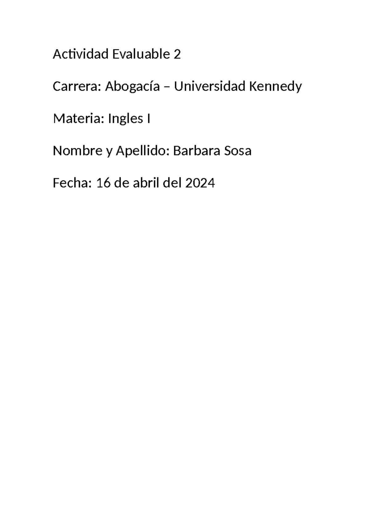 Actividad Evaluable 2: Inglés I - Abogacía (Barbara Sosa) - Studocu