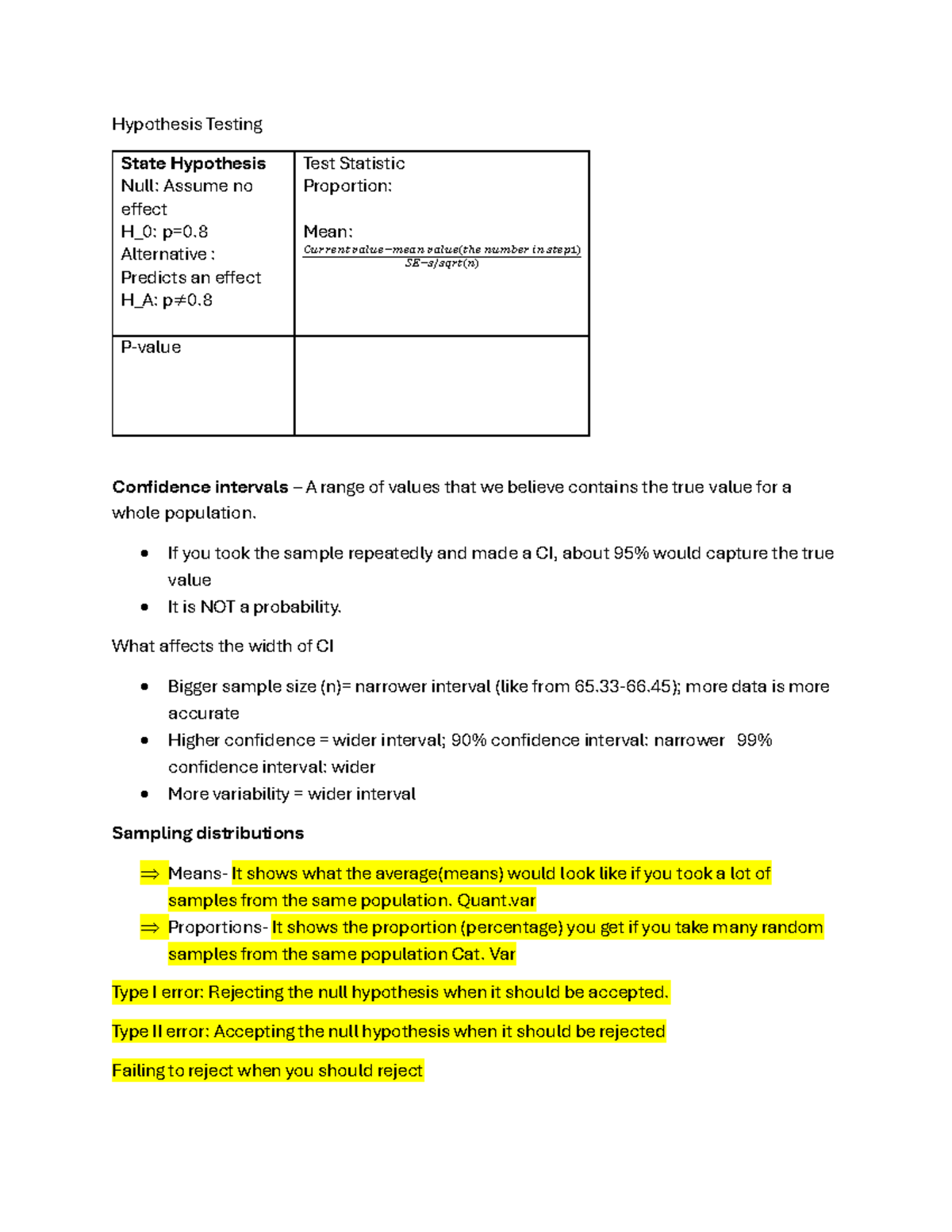 Cheat Sheet for Hypothesis Testing - COMM 191 - Studocu