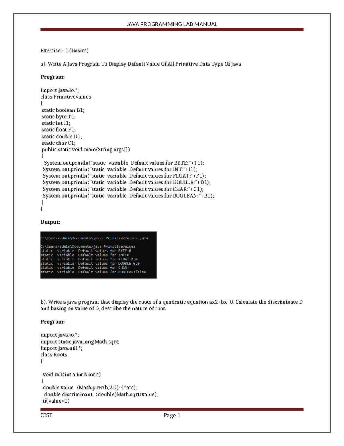 Java Programming Exercises: R20 LAB Manual (AIML DS) - Studocu