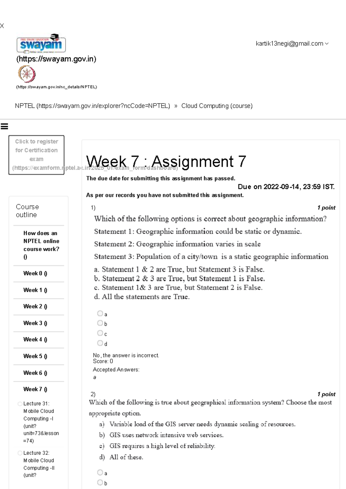NPTEL Cloud Computing - Week 7 Assignment 7 Overview and Feedback - Studocu